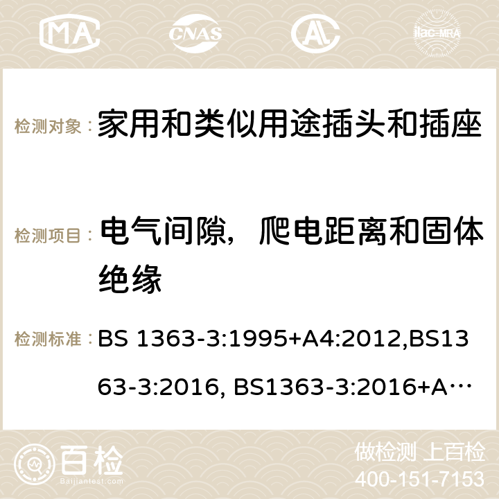 电气间隙，爬电距离和固体绝缘 BS 1363-3:1995 13A插头，插座，转换器和连接器单元 第三部分 转换器的特别要求 +A4:2012,BS1363-3:2016, BS1363-3:2016+A1:2018 SS145-3:2020 cl8