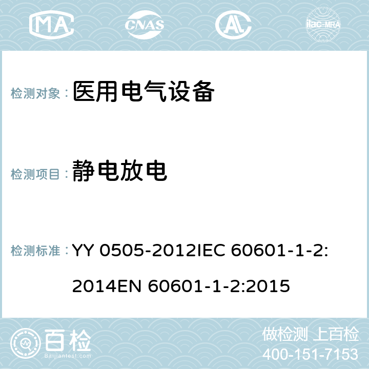 静电放电 医用电气设备 第1-2部份：安全通用要求 並列标准：电磁兼容要求和试验 YY 0505-2012
IEC 60601-1-2:2014
EN 60601-1-2:2015 8.9