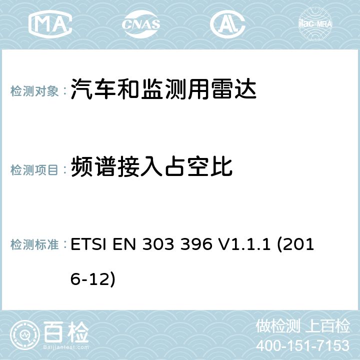 频谱接入占空比 《短距离设备，汽车和监测用雷达测量方法》 ETSI EN 303 396 V1.1.1 (2016-12) 6.3.7