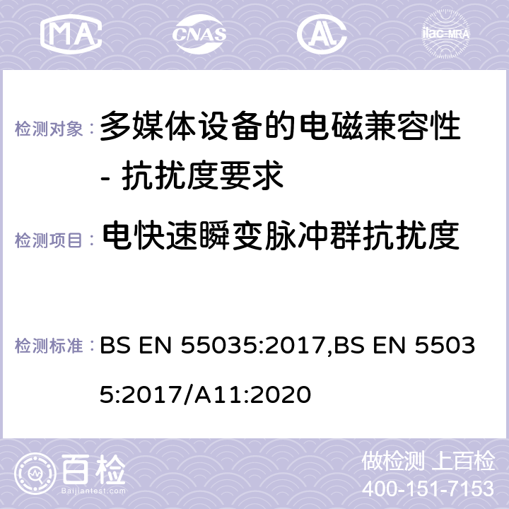 电快速瞬变脉冲群抗扰度 多媒体设备的电磁兼容性 - 抗扰度要求 BS EN 55035:2017,BS EN 55035:2017/A11:2020 4.2.4