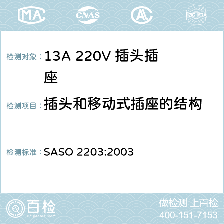 插头和移动式插座的结构 家用和类似通用220V插头插座 SASO 2203:2003 4.3