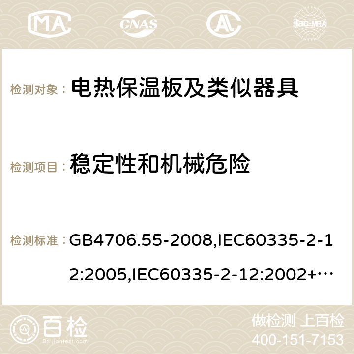 穩定性和機械危險 家用和類似用途電器的安全 電熱保溫板及類似器具的特殊要求 GB4706.55-2008,IEC60335-2-12:2005,IEC60335-2-12:2002+A1:2008+A2:2017,EN60335-2-12:2003+A2:2019 20