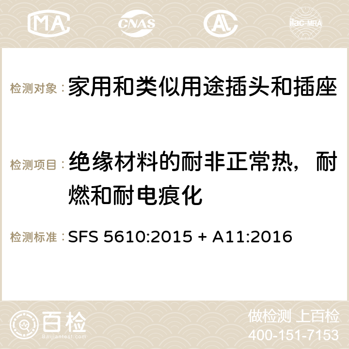 绝缘材料的耐非正常热，耐燃和耐电痕化 家用和类似用途插头插座第1部分:通用要求 SFS 5610:2015 + A11:2016 cl 28