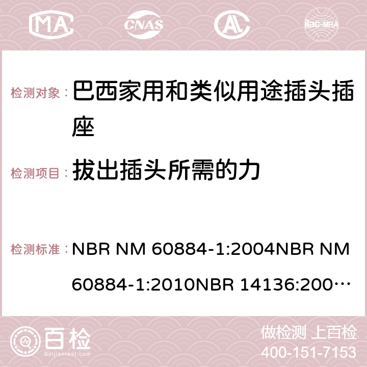 拔出插头所需的力 家用和类似用途插头插座 第1部分: 通用要求 NBR NM 60884-1:2004
NBR NM 60884-1:2010
NBR 14136:2002
NBR 14136:2012
NBR 14936:2006 
NBR 14936:2012 22