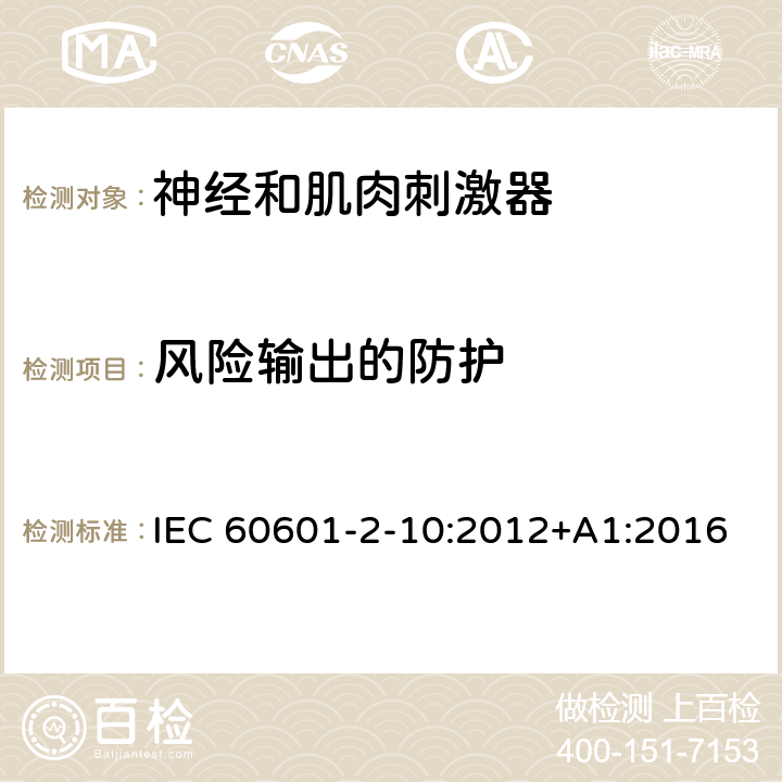 风险输出的防护 医用电气设备 第2-10部分：神经和肌肉刺激器的基本安全和基本性能专用要求 IEC 60601-2-10:2012+A1:2016 201.12.4