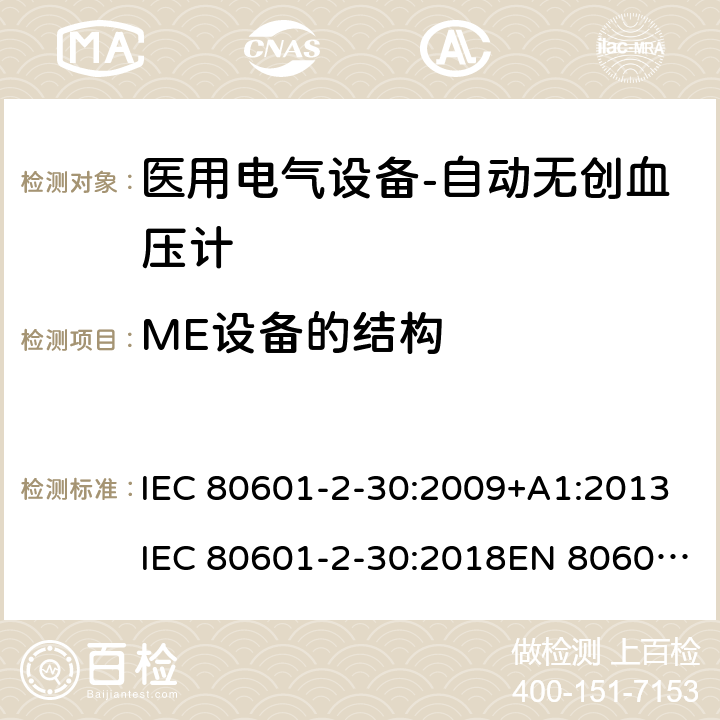 ME设备的结构 医用电气设备-自动无创血压计 IEC 80601-2-30:2009+A1:2013IEC 80601-2-30:2018EN 80601-2-30:2010+A1:2015EN IEC 80601-2-30:2019 201.15