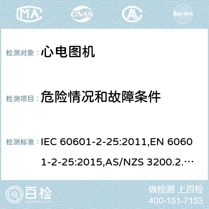 危险情况和故障条件 医用电气设备 - 第2-25部分：基本安全和心电图的基本性能的特殊要求。 IEC 60601-2-25:2011,EN 60601-2-25:2015,AS/NZS 3200.2.25:1993,AS/NZS IEC 60601.2.25:2016 201.13