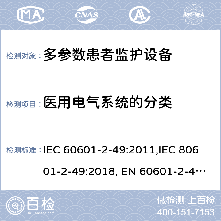 医用电气系统的分类 医用电气设备 第2-49部分：多参数患者监护设备安全的特殊要求 IEC 60601-2-49:2011,IEC 80601-2-49:2018, EN 60601-2-49:2015 201.6