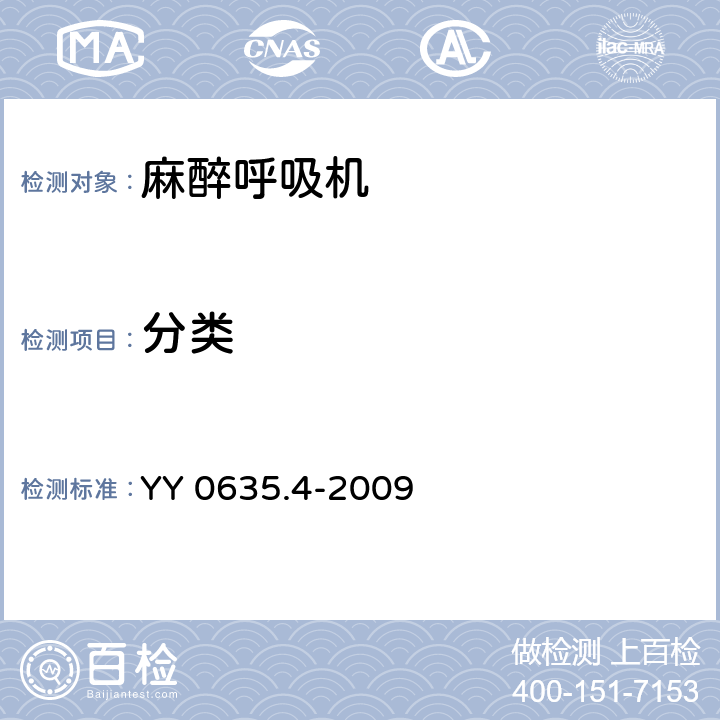 分类 YY 0635.4-2009 吸入式麻醉系统 第4部分:麻醉呼吸机