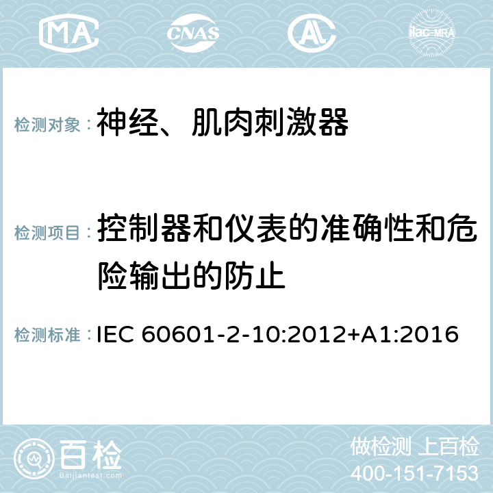 控制器和仪表的准确性和危险输出的防止 医用电气设备-第2-10部分：神经和肌肉刺激器基本安全和基本性能的专用要求 IEC 60601-2-10:2012+A1:2016 EN 60601-2-10:2015+A1:2016 201.12