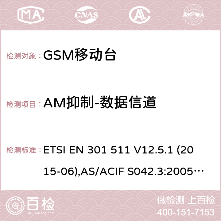 AM抑制-数据信道 全球移动通信系统(GSM);移动台(MS)设备;覆盖2014/53/EU 3.2条指令协调标准要求 ETSI EN 301 511 V12.5.1 (2015-06),AS/ACIF S042.3:2005, AS/CA S042.1: 2010,ETSI EN 303 609 V12.5.1 5.3.37