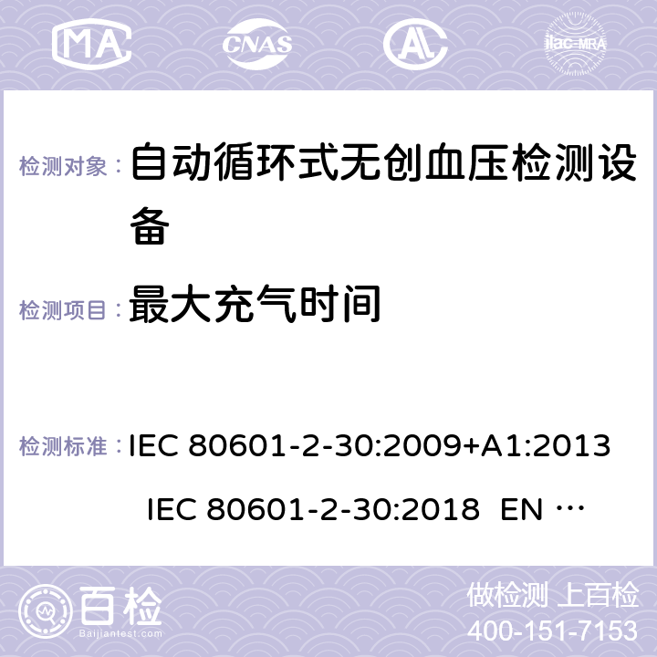 最大充气时间 医用电气设备 第2-30部分：自动循环式无创血压计的安全和基本性能 IEC 80601-2-30:2009+A1:2013 IEC 80601-2-30:2018 EN 80601-2-30:2010+A1:2015 EN IEC 80601-2-30:2019 201.104