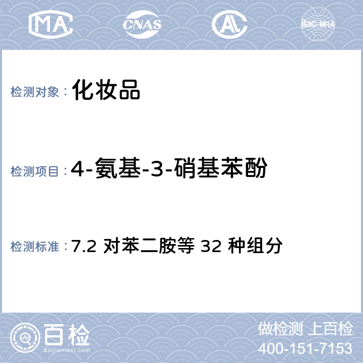 4-氨基-3-硝基苯酚 化妆品安全技术规范（2015年版） 7.2 对苯二胺等 32 种组分