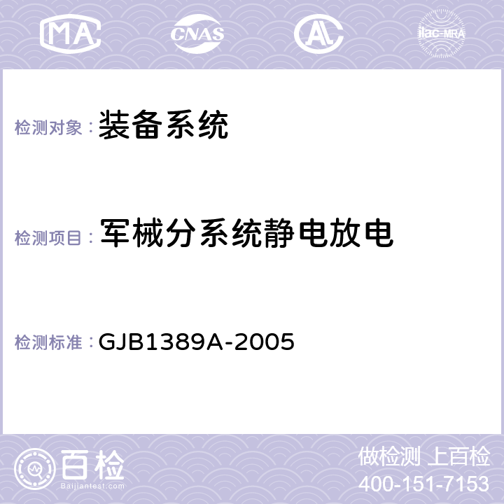 军械分系统静电放电 GJB 1389A-2005 系统电磁兼容性要求 GJB1389A-2005 5.7
