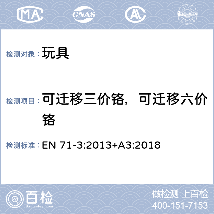 可迁移三价铬，可迁移六价铬 玩具安全-第3部分：特定元素的迁移 EN 71-3:2013+A3:2018 附录 F