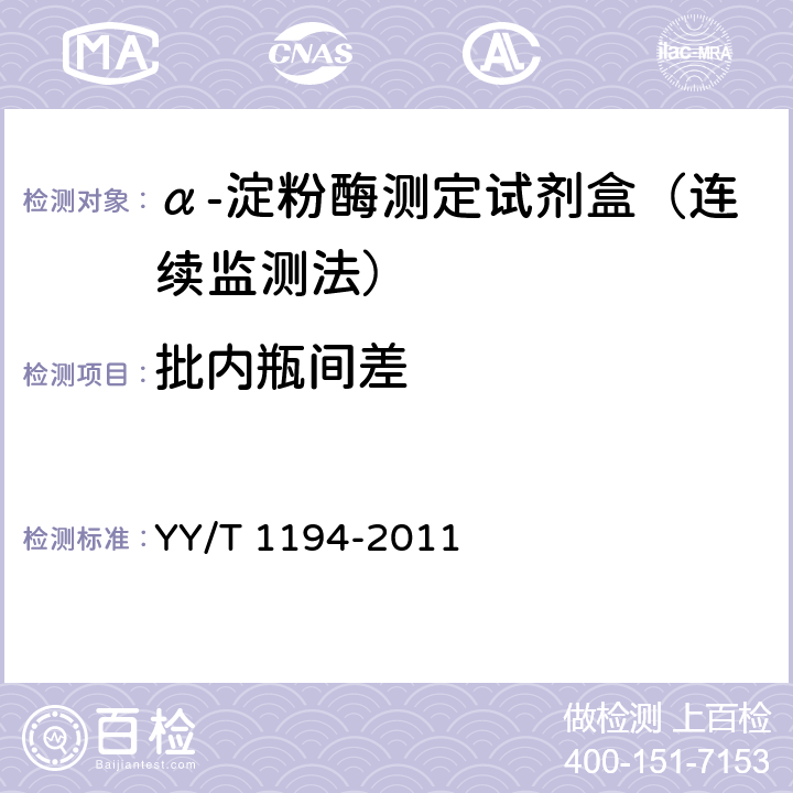 批内瓶间差 α-淀粉酶测定试剂(盒)(连续监测法) YY/T 1194-2011 4.6.2