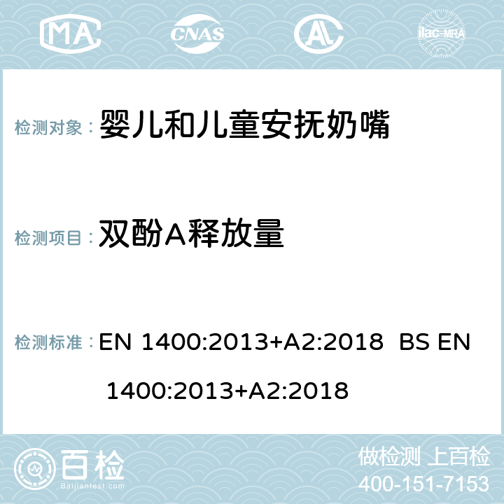 双酚A释放量 儿童使用和护理用品-婴儿和儿童用安抚奶嘴-安全要求及测试方法 EN 1400:2013+A2:2018 BS EN 1400:2013+A2:2018 条款 10.6