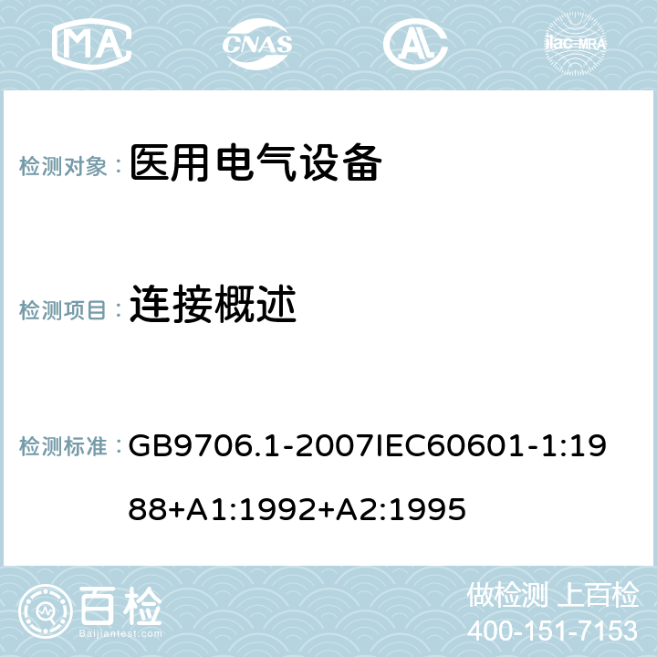 连接概述 医用电器设备 第1部份 安全通用要求 GB9706.1-2007
IEC60601-1:1988+A1:1992+A2:1995 56.3