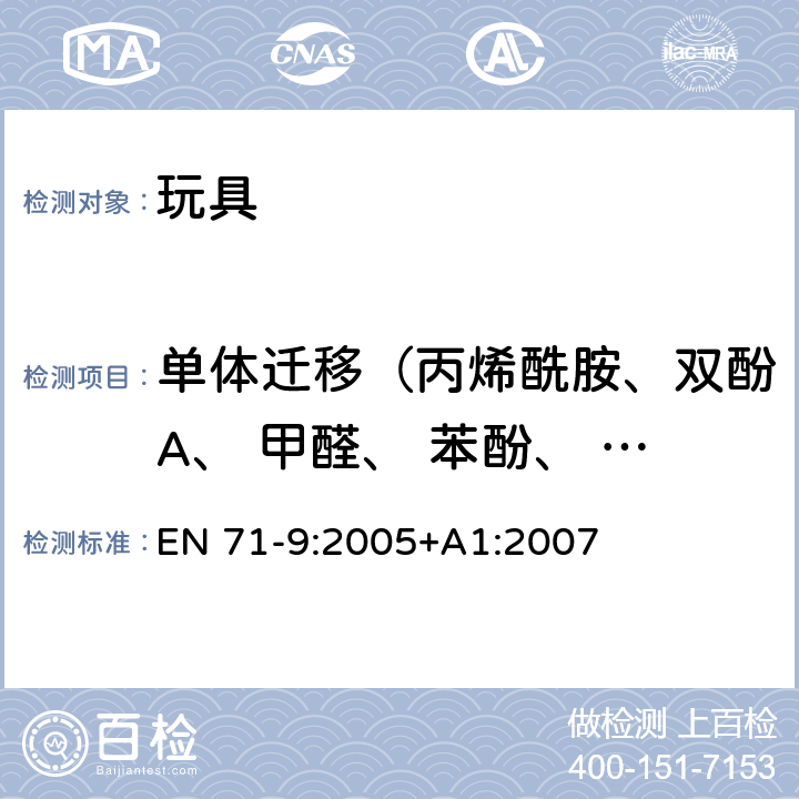 单体迁移（丙烯酰胺、双酚A、 甲醛、 苯酚、 苯乙烯） 欧洲玩具安全标准 第9部分:：有机化合物的要求 EN 71-9:2005+A1:2007