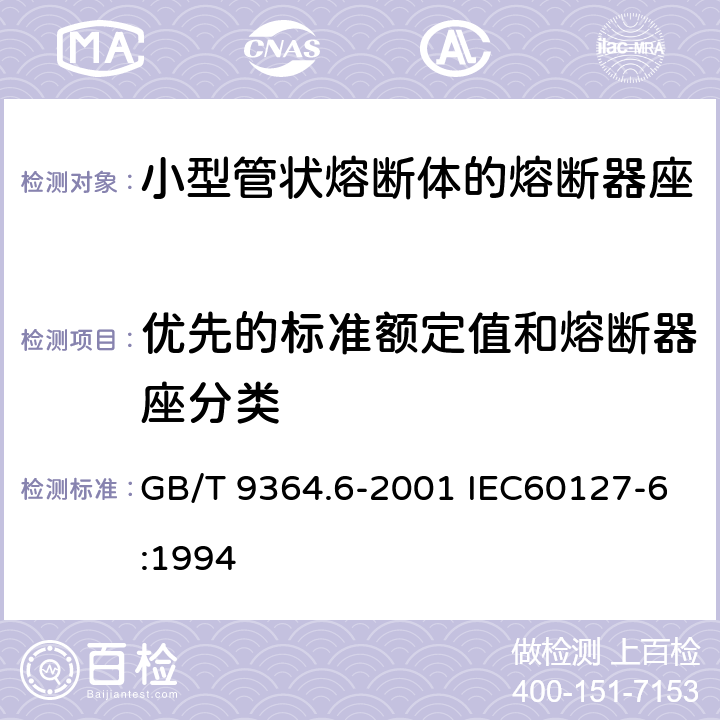 优先的标准额定值和熔断器座分类 小型熔断器 第6部分:小型管状熔断体的熔断器座 GB/T 9364.6-2001 IEC60127-6:1994 5