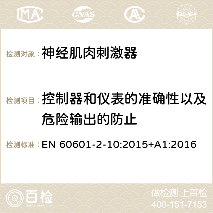 控制器和仪表的准确性以及危险输出的防止 医用电气设备 第2-10部分：神经肌肉刺激器的基本安全和基本性能专用要求 EN 60601-2-10:2015+A1:2016 Cl.201.12