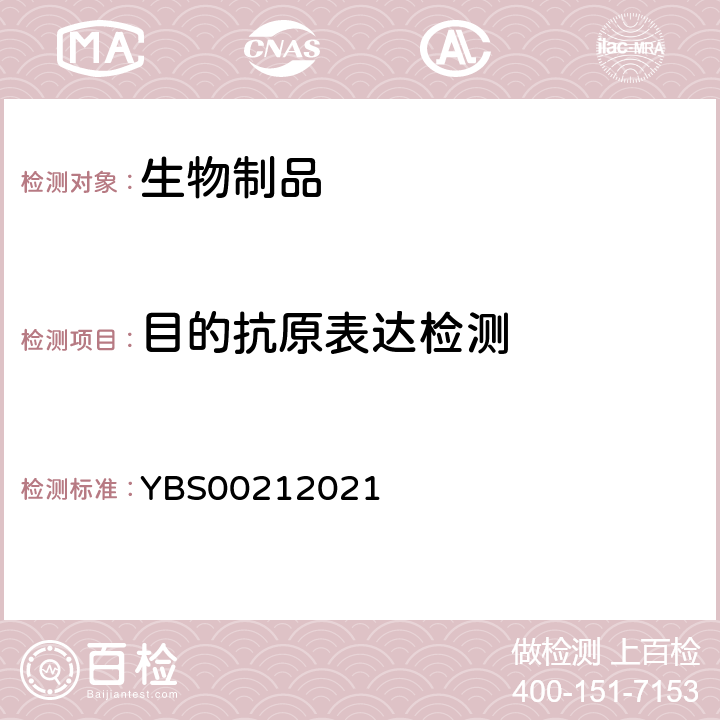 目的抗原表达检测 《中国药典》2020 版三部、四部通则 3401（免疫印迹法）；国家药品监督管理局YBS00212021重组新型冠状病毒疫苗（5型腺病毒载体）