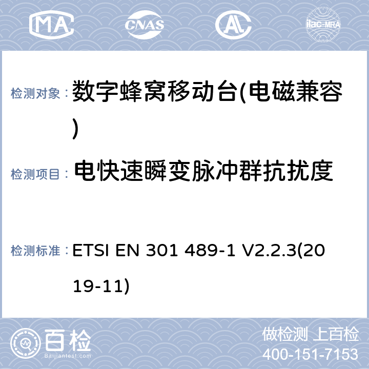 电快速瞬变脉冲群抗扰度 《无线电设备和服务的电磁兼容性（EMC）标准 第1部分：通用技术要求；电磁兼容协调标准》 ETSI EN 301 489-1 V2.2.3(2019-11) 9.4
