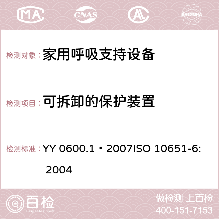 可拆卸的保护装置 医用呼吸机 基本安全和主要性能专用要求 第1部分：家用呼吸支持设备 YY 0600.1—2007
ISO 10651-6: 2004 9