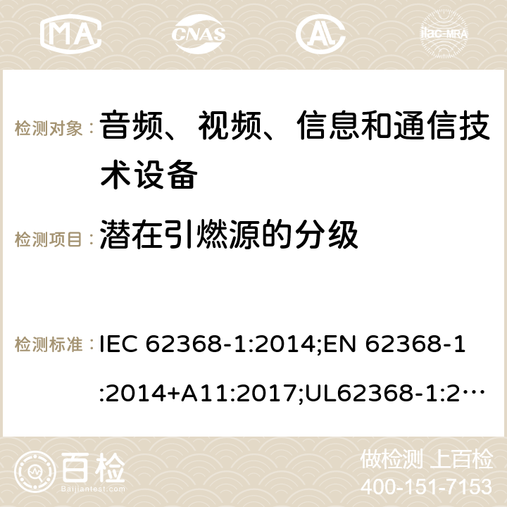 潜在引燃源的分级 音频/视频、信息技术和通信技术设备 第1部分：安全要求 IEC 62368-1:2014;EN 62368-1:2014+A11:2017;UL62368-1:2014;IEC62368-1:2018;AS/NZS 62368.1:2018 6.2.3