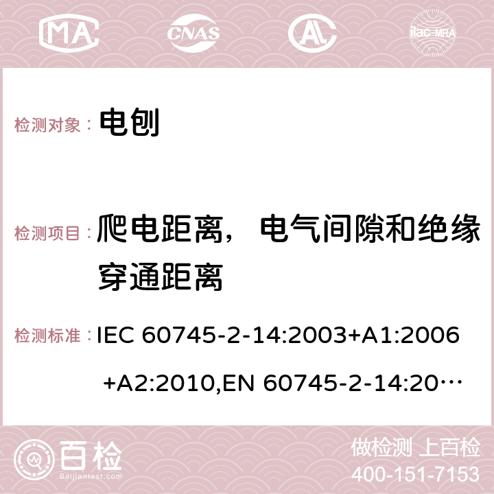 爬电距离，电气间隙和绝缘穿通距离 手持式电动工具的安全 第二部分：电刨的专用要求 IEC 60745-2-14:2003+A1:2006 +A2:2010,EN 60745-2-14:2009+A2:2010 28