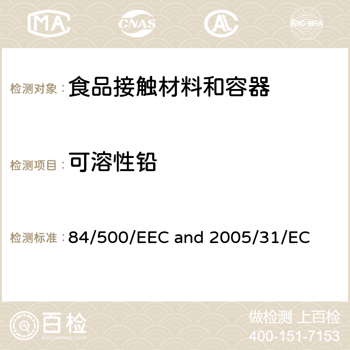 可溶性铅 84/500/EEC 与食品接触的陶瓷品  and 2005/31/EC