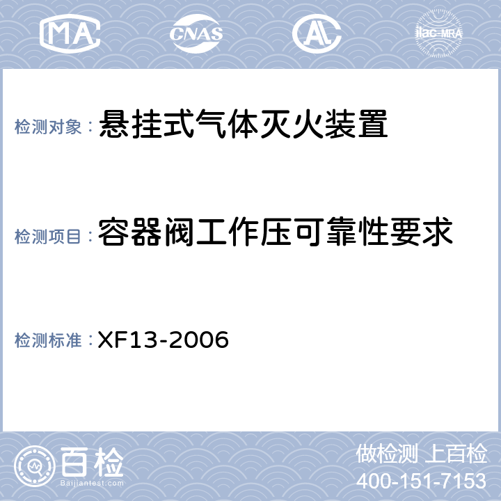容器阀工作压可靠性要求 《悬挂式气体灭火装置》 XF13-2006 5.2.1.4