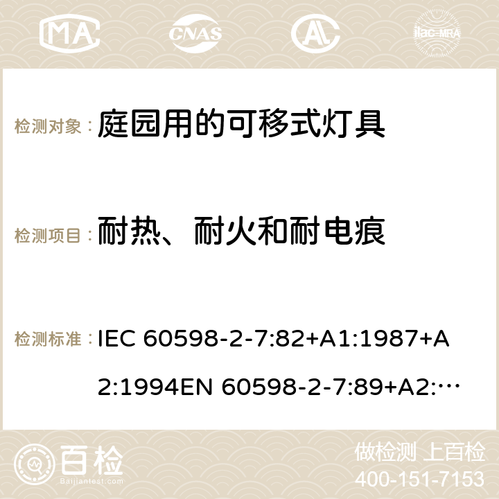 耐热、耐火和耐电痕 灯具-第2-7部分特殊要求庭园用的可移式灯具安全要求 
IEC 60598-2-7:82+A1:1987+A2:1994
EN 60598-2-7:89+A2:1996+A13:1997 7.15