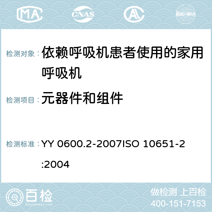 元器件和组件 医用呼吸机 基本安全要求和主要性能专用要求 第2部分：依赖呼吸机患者使用的家用呼吸机 
YY 0600.2-2007
ISO 10651-2:2004 56