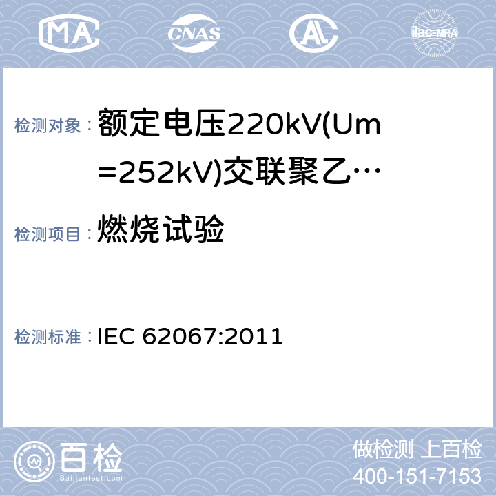 燃烧试验 《额定电压220kV(Um=252kV)交联聚乙烯绝缘电力电缆及其附件 第1部分:试验方法和要求》 IEC 62067:2011 12.5.13