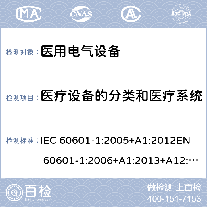 医疗设备的分类和医疗系统 医用电气设备 第1部分：安全通用要求 IEC 60601-1:2005+A1:2012
EN 60601-1:2006+A1:2013+A12:2014 6