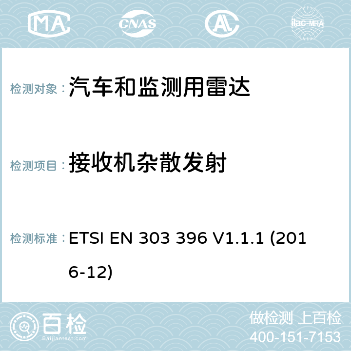 接收机杂散发射 《短距离设备，汽车和监测用雷达测量方法》 ETSI EN 303 396 V1.1.1 (2016-12) 6.3.11