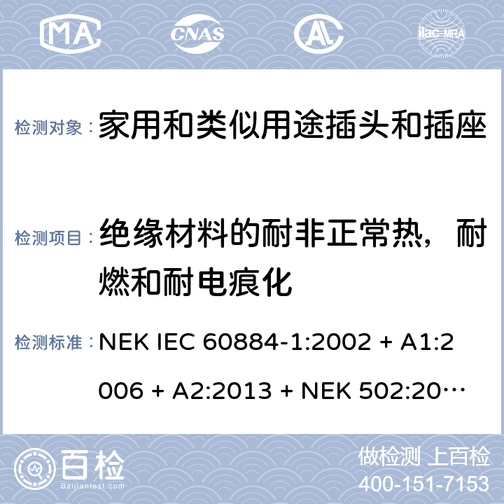 绝缘材料的耐非正常热，耐燃和耐电痕化 家用和类似用途插头插座第1部分:通用要求 NEK IEC 60884-1:2002 + A1:2006 + A2:2013 + NEK 502:2016 cl 28
