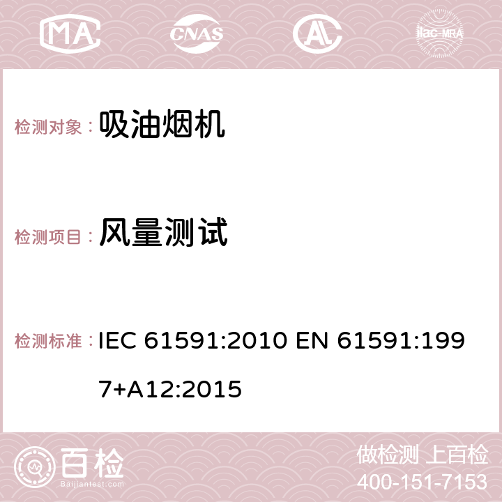 风量测试 家用吸油烟机性能测试方法 IEC 61591:2010 EN 61591:1997+A12:2015 11