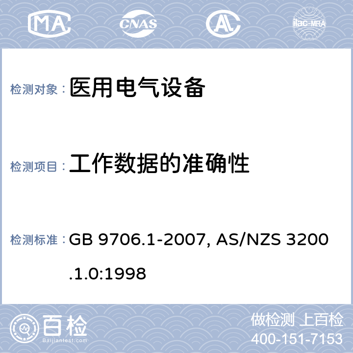 工作数据的准确性 医用电气设备-一部分：安全通用要求 GB 9706.1-2007, AS/NZS 3200.1.0:1998 50