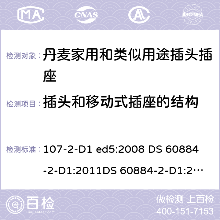 插头和移动式插座的结构 家用和类似用途插头插座 丹麦的要求 107-2-D1 ed5:2008 
DS 60884-2-D1:2011
DS 60884-2-D1:2017 14