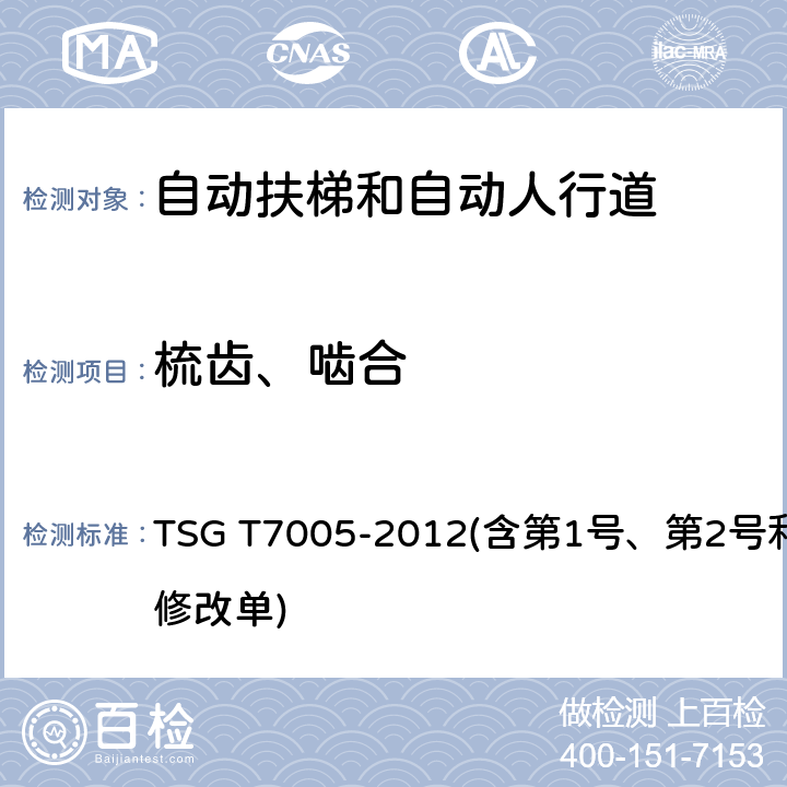 梳齿、啮合 电梯监督检验和定期检验规则——自动扶梯与自动人行道 TSG T7005-2012(含第1号、第2号和第3号修改单) 5.1