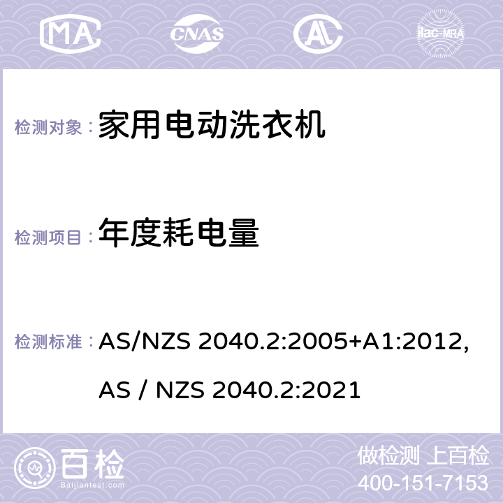 年度耗电量 家用洗衣机-性能测量方法第2部分：能源标签要求 AS/NZS 2040.2:2005+A1:2012,AS / NZS 2040.2:2021 2.3