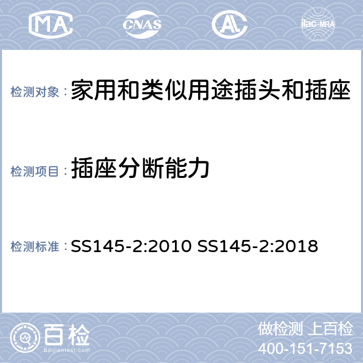 插座分?jǐn)嗄芰?13A插頭和插座 第二部分 13A帶或不帶開關(guān)插座 SS145-2:2010 SS145-2:2018 cl17