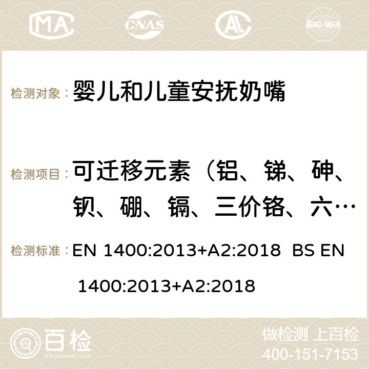 可迁移元素（铝、锑、砷、钡、硼、镉、三价铬、六价铬、钴、铜、铅、锰、汞、镍、硒、锶、锡、有机锡、锌） 儿童使用和护理用品-婴儿和儿童用安抚奶嘴-安全要求及测试方法 EN 1400:2013+A2:2018 BS EN 1400:2013+A2:2018 条款 10.3