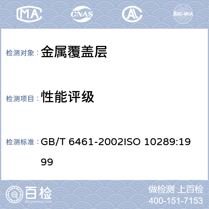 性能评级 金属基体上金属和其他无机覆盖层 经腐蚀试验后的试样和试件的评级 GB/T 6461-2002
ISO 10289:1999 6.3