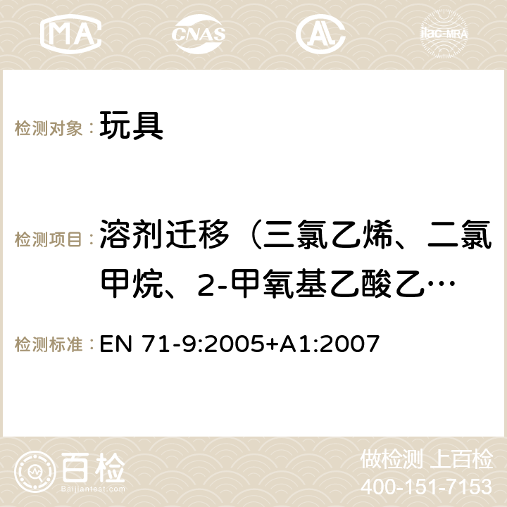 溶劑遷移（三氯乙烯、二氯甲烷、2-甲氧基乙酸乙酯、2-乙氧基乙醇、2-乙氧基乙酸乙酯、2-甲氧基乙基醚、乙酸-2-甲基丙酯、甲醇、硝基苯、環己酮、3,5,5-三甲基-2-環己烯酮、甲苯、乙苯、二甲苯（所有異構體）） 歐洲玩具安全標準 第9部分:有機化合物的要求 EN 71-9:2005+A1:2007