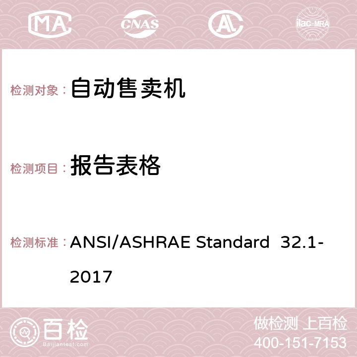 报告表格 罐装饮料自动售卖机的测试方法 ANSI/ASHRAE Standard 32.1-2017 附录 A