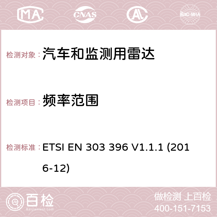 频率范围 《短距离设备，汽车和监测用雷达测量方法》 ETSI EN 303 396 V1.1.1 (2016-12) 6.3.2