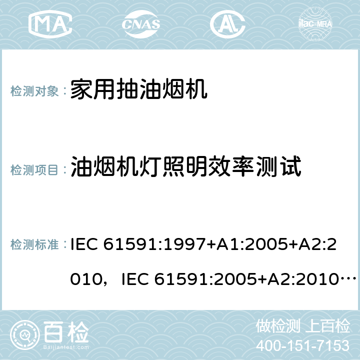 油烟机灯照明效率测试 IEC 61591-1997 家用排油烟机 性能测试方法